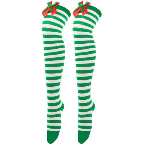 New Christmas Thigh High Socks | Striped Over-Knee Stockings with Bows - Picture 3 of 3